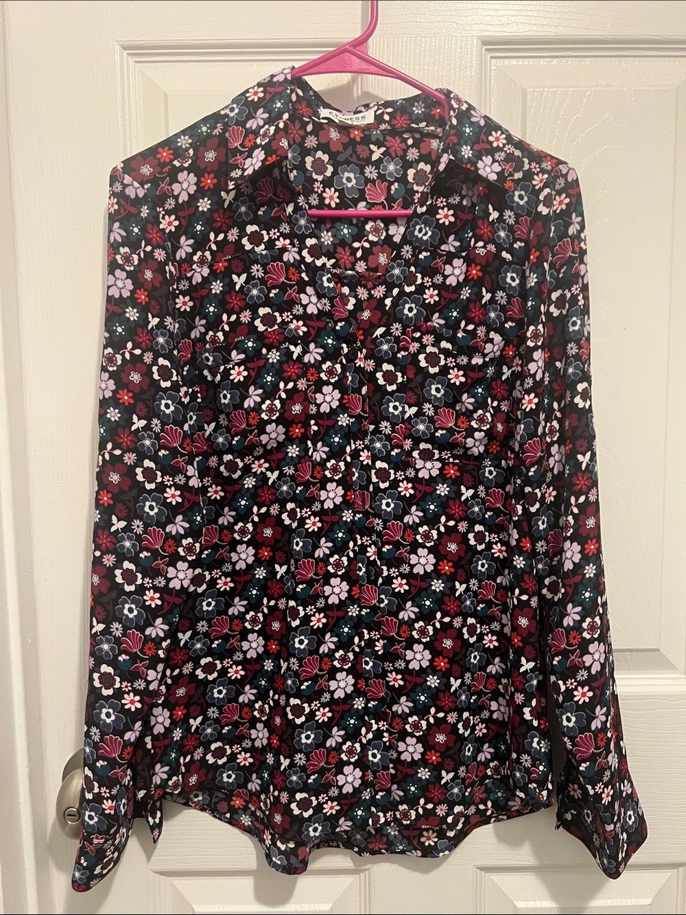 Express Black Floral Button-Down Shirt with Pink, Red, White and Blue Flowers